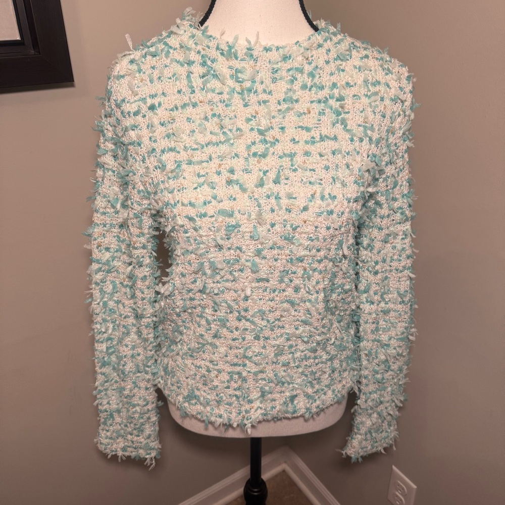 Ann Taylor‎ Aqua Ivory Textured Fringe Knit Sweater XS Metallic Gold Thread